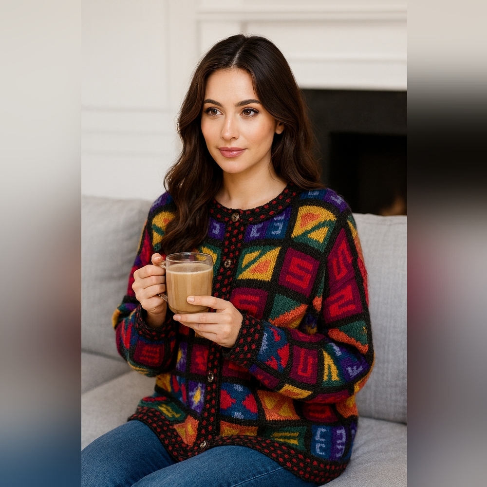100% Peruvian baby alpaca wool Colorful Geometric Patterned Cardigan